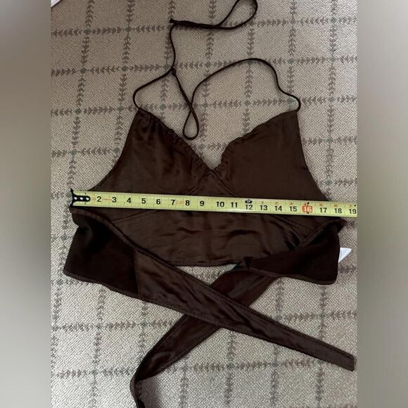 Motel Rocks brown scarf halter tie ruched satin crop top S/M - Picture 3 of 9